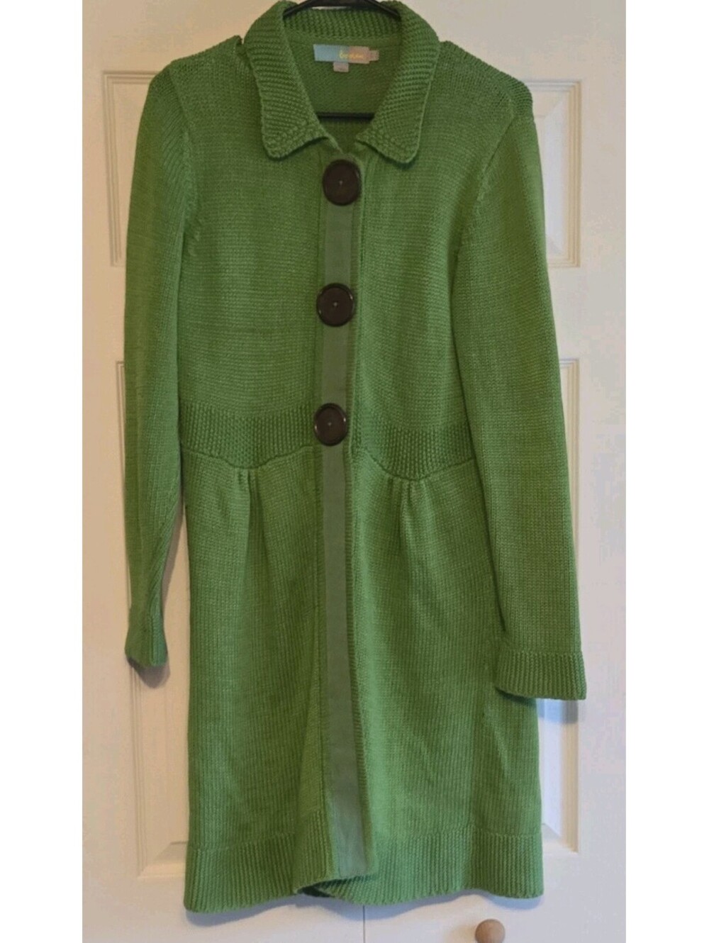 Boden st malo Green Long Collared Button Front Cotton duster knit sweater sz 12